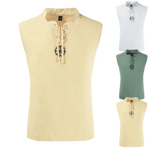 Chaleco Retro de Lino y Algodón para Hombre sin Mangas con Cordones Cuello Alto Bordado Brújula Vikinga Camisa Medieval