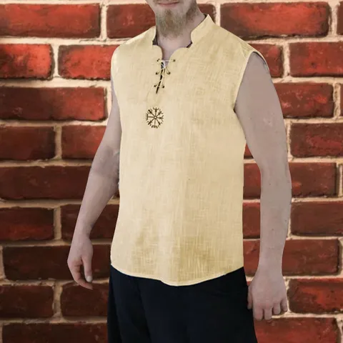 Chaleco Retro de Lino y Algodón para Hombre sin Mangas con Cordones Cuello Alto Bordado Brújula Vikinga Camisa Medieval
