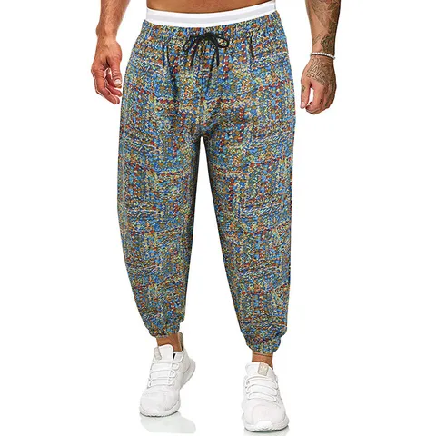 Men Casual Loose Drop Crotch Pants Cotton Colorblock Floral Print Long Trousers