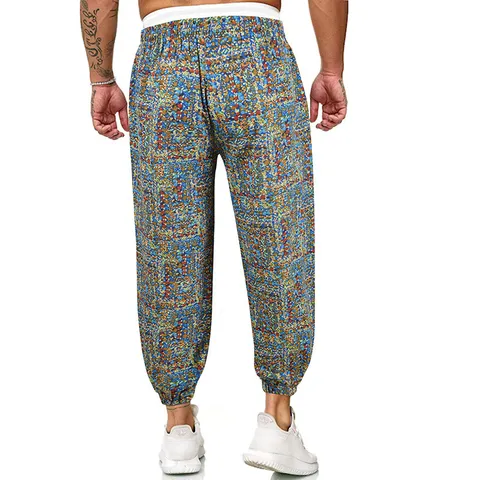 Men Casual Loose Drop Crotch Pants Cotton Colorblock Floral Print Long Trousers