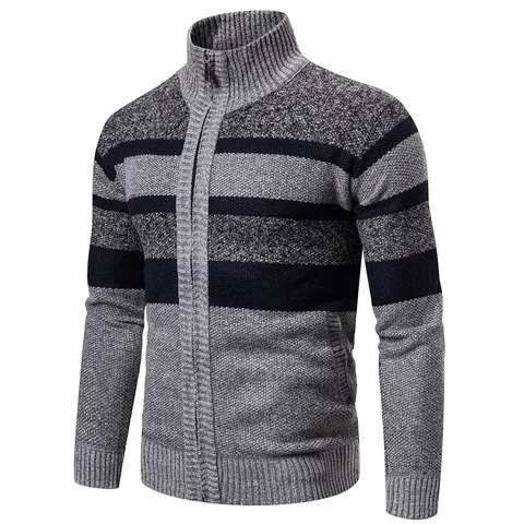 Men's Casual Striped Long Sleeve Cardigan Sweater Stand Collar Full Zip Slim Fit Knitwear