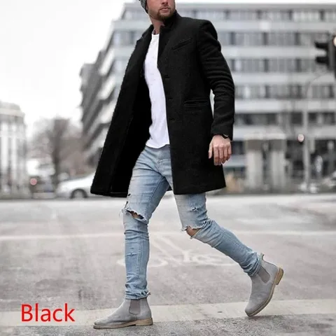 Men Business Casual Woolen Overcoat Solid Color Lapel Single Breasted Mid Length Trench Coat Autumn Winter Outerwear