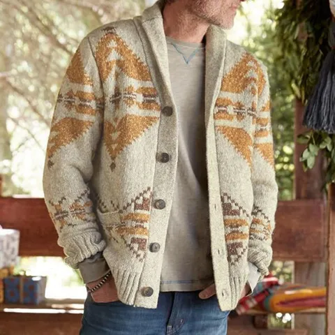 Men's Vintage Geometric Jacquard Cardigan Sweater Shawl Collar Single Breasted Long Sleeve Knit Outerwear Top