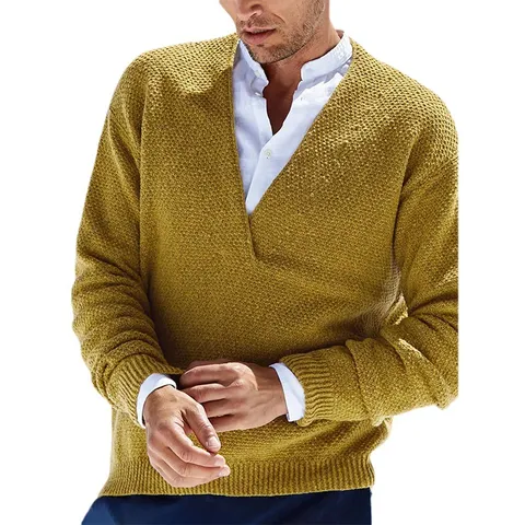 Men's Casual V-Neck Pullover Sweater Solid Color Long Sleeve Knitwear Retro Business Casual Tops For Men