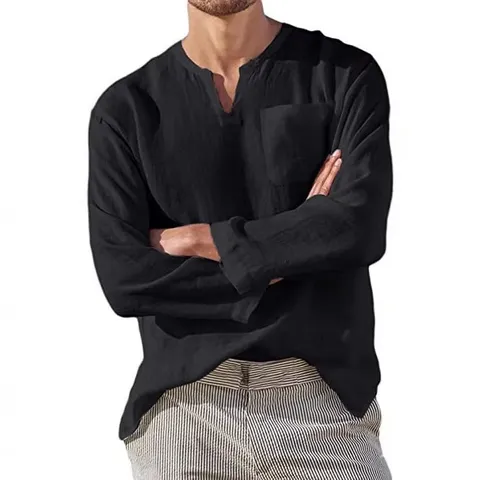 Men's Casual Cotton Blend Long Sleeve V-Neck Beach Linen Shirt Loose Fit Solid Color Tops