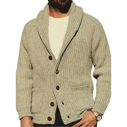 Heren Casual Wollen Mix Cardigan Trui Revers Lange Mouw Enkelknoops Effen Kleur Gebreide Bovenkleding Voor Winter