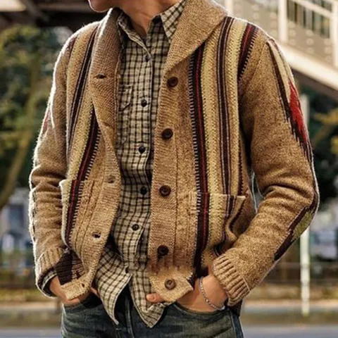 Suéter Cardigan de Punto Casual para Hombre Vintage Franja Geométrica Cuello Rebatible Manga Larga Abotonado Ropa de Abrigo Invierno