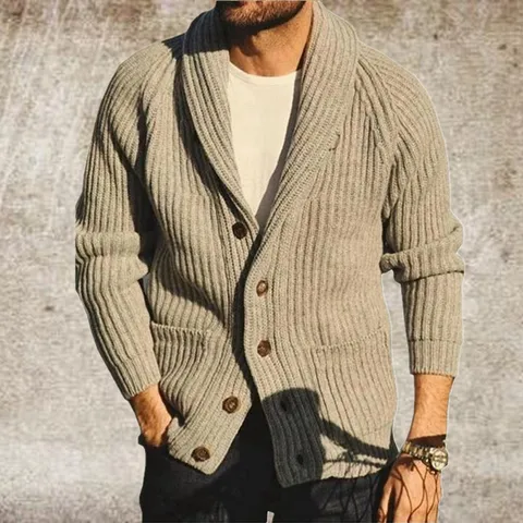 Heren Casual Wollen Mix Cardigan Trui Revers Lange Mouw Enkelknoops Effen Kleur Gebreide Bovenkleding Voor Winter