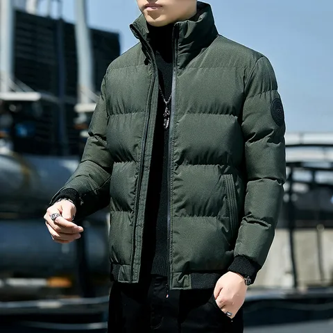 Men's Winter Thickened Padded Jacket Stand Collar Casual Warm Cotton Outerwear Windproof Zip Up Coat