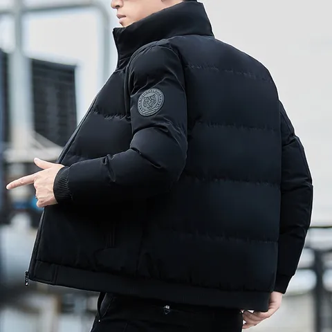 Men's Winter Thickened Padded Jacket Stand Collar Casual Warm Cotton Outerwear Windproof Zip Up Coat