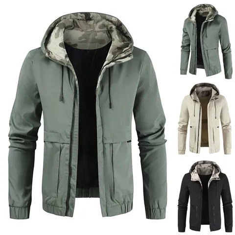 Men Casual Hooded Jacket Spring Autumn Lightweight Windbreaker With Large Pockets And Camouflage Lining