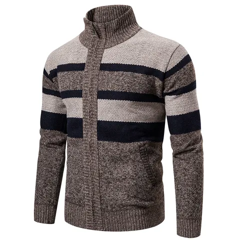 Men's Casual Striped Long Sleeve Cardigan Sweater Stand Collar Full Zip Slim Fit Knitwear