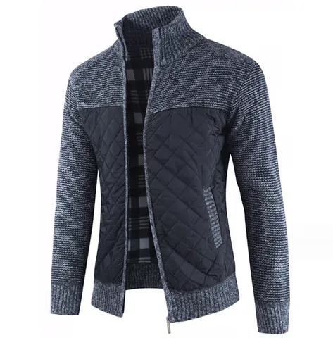 Gilet Cardigan Tricoté Zippé Col Montant Doublé Polaire pour Hommes Veste Pull Patchwork Bicolore Vêtement Thermique