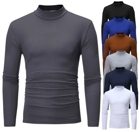 Men Casual Solid Color High Neck Slim Fit Long Sleeve T Shirt Winter Warm Cotton Blend Pullover Basic Thermal Base Layer