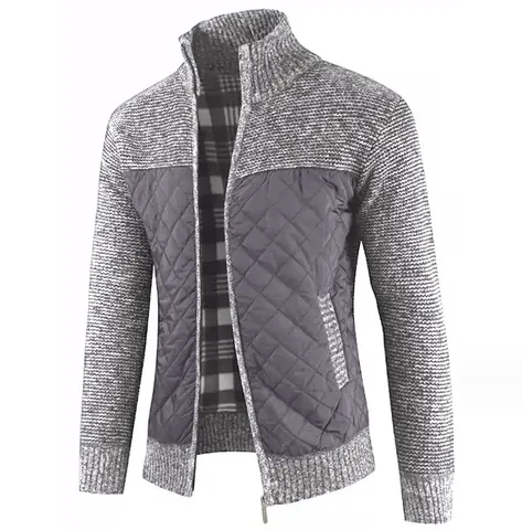 Gilet Cardigan Tricoté Zippé Col Montant Doublé Polaire pour Hommes Veste Pull Patchwork Bicolore Vêtement Thermique