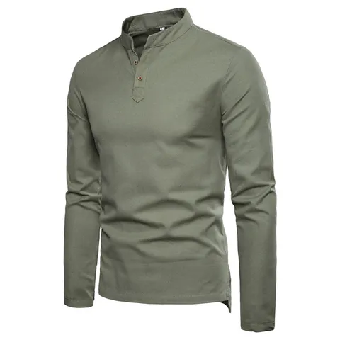 Herren Baumwolle Leinen Langarm Henley Hemd Stehkragen Business Casual Slim Fit Pullover Top Einfarbig Frühling Sommer Atmungsaktives Hemd