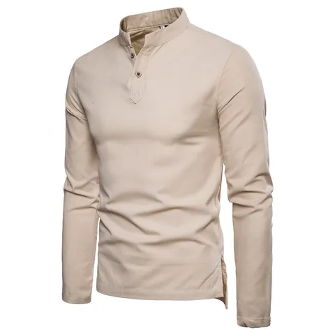 Herren Baumwolle Leinen Langarm Henley Hemd Stehkragen Business Casual Slim Fit Pullover Top Einfarbig Frühling Sommer Atmungsaktives Hemd