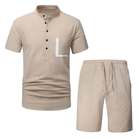 Completo Casual da Uomo in Misto Cotone e Lino Camicia e Pantaloncini Collo Henley Manica Corta Traspirante