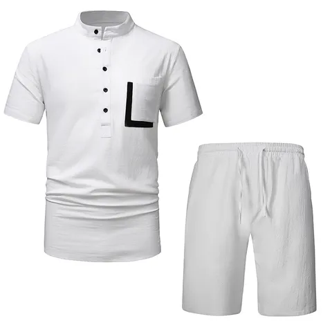 Completo Casual da Uomo in Misto Cotone e Lino Camicia e Pantaloncini Collo Henley Manica Corta Traspirante