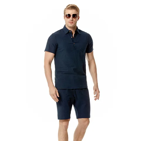 Uomo Casual Misto Cotone Camicia e Pantaloncini Set Colletto Manica Corta Abbigliamento Mare Top e Pantaloni