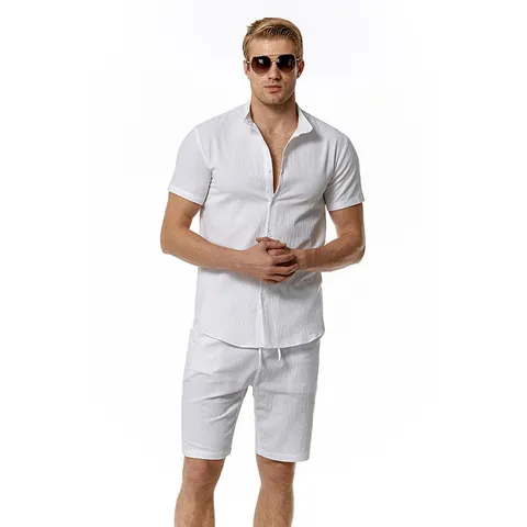 Men's Casual Cotton Linen Set Henley Collar Short Sleeve Shirt And Shorts Matching Beach Outfit Summer Vacation
