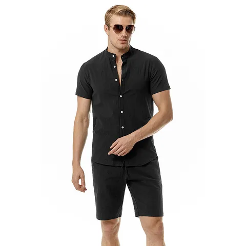 Men's Casual Cotton Linen Set Henley Collar Short Sleeve Shirt And Shorts Matching Beach Outfit Summer Vacation