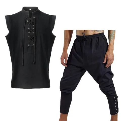 Men's Vintage Linen Blend Casual Sport Set Stand Collar Lace-Up Sleeveless Top and Drawstring Jogger Pants Outfit