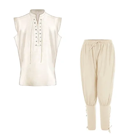 Men's Vintage Linen Blend Casual Sport Set Stand Collar Lace-Up Sleeveless Top and Drawstring Jogger Pants Outfit