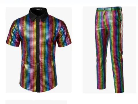 Men's Vintage Seventies Disco Party Sequined Shirt And Pants Set Shiny Nightclub Stage Performance Costume