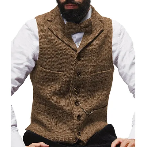 Men Slim Fit Herringbone Tweed Suit Vest Business Casual Single Breasted V-Neck Waistcoat Groom Groomsman Wedding Party Formal Top