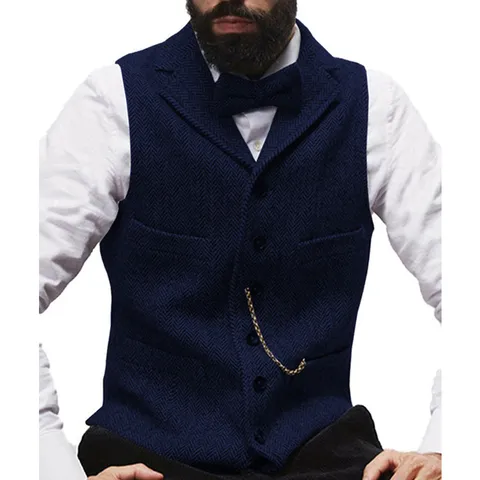 Men Slim Fit Herringbone Tweed Suit Vest Business Casual Single Breasted V-Neck Waistcoat Groom Groomsman Wedding Party Formal Top