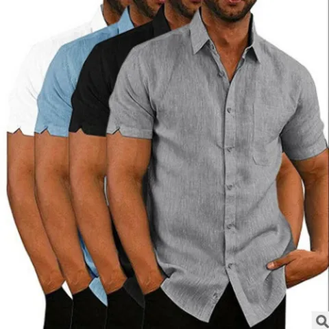 Men's Casual Solid Color Short Sleeve Linen Shirt British Style Turn-Down Collar Single-Breasted Summer Top