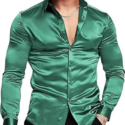 Men's Retro 70s Disco Shiny Satin Shirt Metallic Gloss Long Sleeve Top Luxury Party Performance Slim Fit Button Down Casual Shirt
