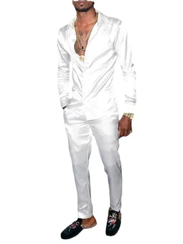 Completo Camicia e Pantaloni a Manica Lunga Casual da Uomo Moda Revers Monopetto Stampato Digitale Top e Pantaloni
