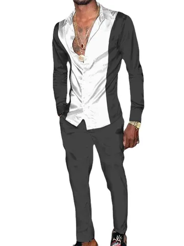 Completo Camicia e Pantaloni a Manica Lunga Casual da Uomo Moda Revers Monopetto Stampato Digitale Top e Pantaloni
