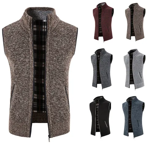 Men's Casual Knitted Vest Sleeveless Cardigan Fleece Lined Stand Collar Zip Up Sweater Vest Plaid Lining Thickened Winter Knitwear Top