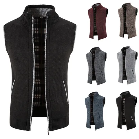 Men's Casual Knitted Vest Sleeveless Cardigan Fleece Lined Stand Collar Zip Up Sweater Vest Plaid Lining Thickened Winter Knitwear Top