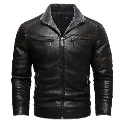 Heren Vintage PU Leren Jas Winter Dik Gevoerd Staande Kraag Bikerjack Retro Kunstleer Warme Jas Mantel