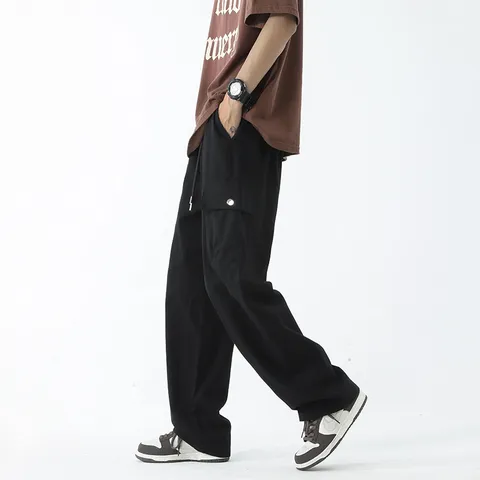 Men's Casual Wide Leg Cargo Pants Bamboo Fiber Rabbit Hair Loose Straight Chinos Trendy Multi-Pocket Summer Bottoms Japanese Streetwear