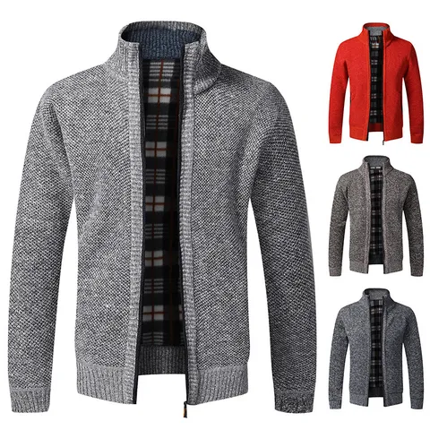 Giacca Cardigan da Uomo in Misto Lana Ispessita Foderata in Pile Vestibilità Slim Collo Alto Maglione con Cerniera Fodera a Quadri