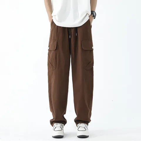Men's Casual Wide Leg Cargo Pants Bamboo Fiber Rabbit Hair Loose Straight Chinos Trendy Multi-Pocket Summer Bottoms Japanese Streetwear