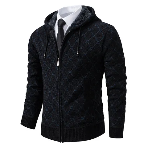 Veste Cardigan en Tricot à Capuche pour Homme Pull Zippé Doublé de Polaire Motif à Losanges Vêtements d'Extérieur Décontractés