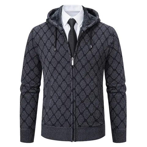 Men's Argyle Knit Cardigan Hoodie Fleece Lined Jacket Minimalist Casual Zip Up Sweater Top For Autumn