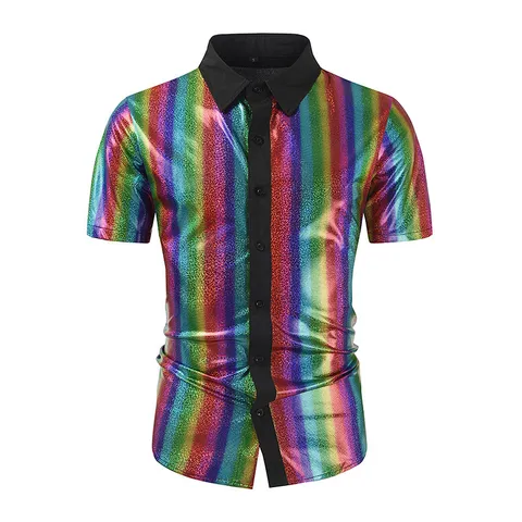 Hommes Mode Chemise à Paillettes Manches Courtes Revers Simple Boutonnages Arc-en-ciel Géométrique Club Scène Cosplay Top