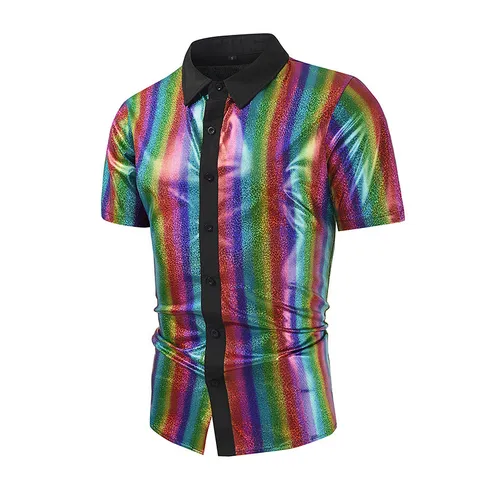 Hommes Mode Chemise à Paillettes Manches Courtes Revers Simple Boutonnages Arc-en-ciel Géométrique Club Scène Cosplay Top