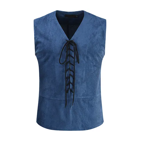 Men Vintage Sleeveless Vest Acetate Fiber Slim Fit V Neck Cross Lace Up Casual Waistcoat Top For Autumn Winter