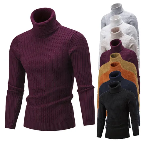 Men's Turtleneck Sweater Casual Slim Fit Long Sleeve Pullover Solid Color Winter Thermal Knitwear Basic Top