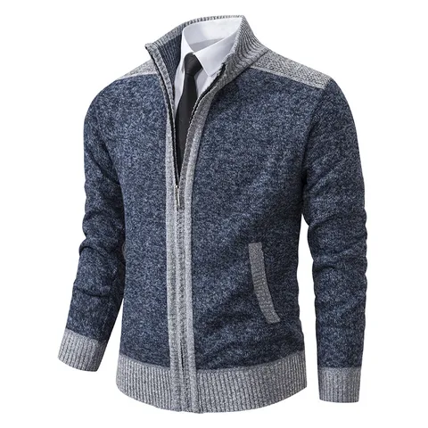 Men's Thick Fleece Lined Cardigan Sweater Stand Collar Full Zip Knitted Jacket Casual Winter Warm Coat For Men