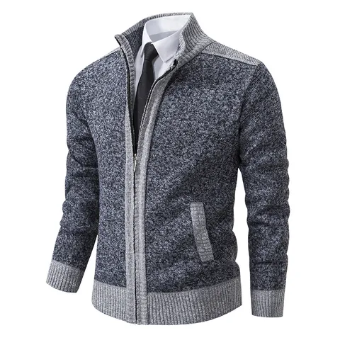 Men's Thick Fleece Lined Cardigan Sweater Stand Collar Full Zip Knitted Jacket Casual Winter Warm Coat For Men