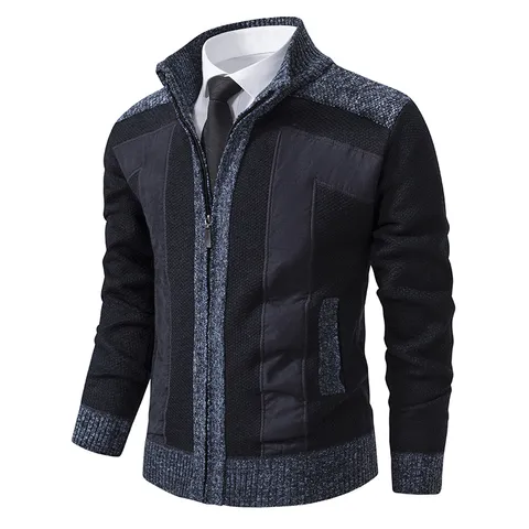 Hommes Col Montant Zip Intégral Doublé Polaire Cardigan Pull Veste Poil de Lapin Patchwork Épais Tricoté Décontracté Hiver Top